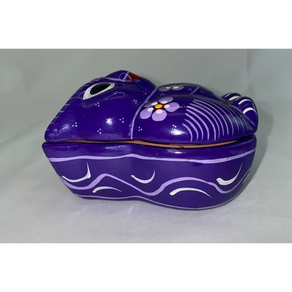 Hand Painted Red Clay Pottery Purple Owl Trinket Box - Picture 3 of 5